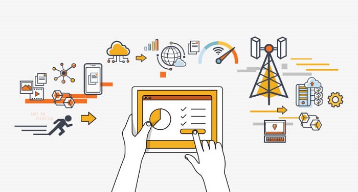 Graphical representation of symbols like tablet operated by a human, telecom tower, computer, smartphone, cloud, internet globe, internet speed and a running man.