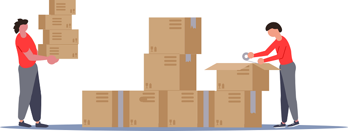 A graphical representation of two employees with packed carton boxes, one putting tape to it while the other carrying boxes.